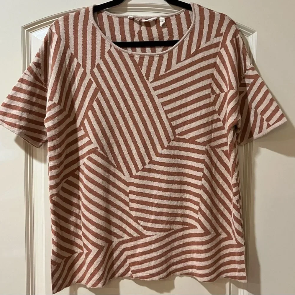 SOFT SURROUNDINGS Short Sleeve Sweater Tan Brown Stripe Women’s Size Medium - Picture 1 of 4